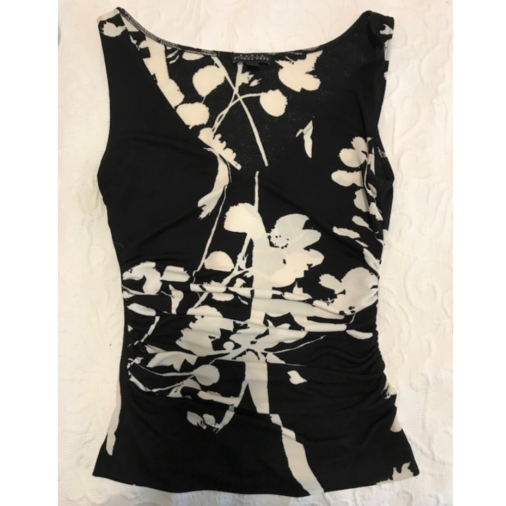 Vintage LA Designer BIANCA NERO Ruched Black & White Polyester Tank Top Size XS